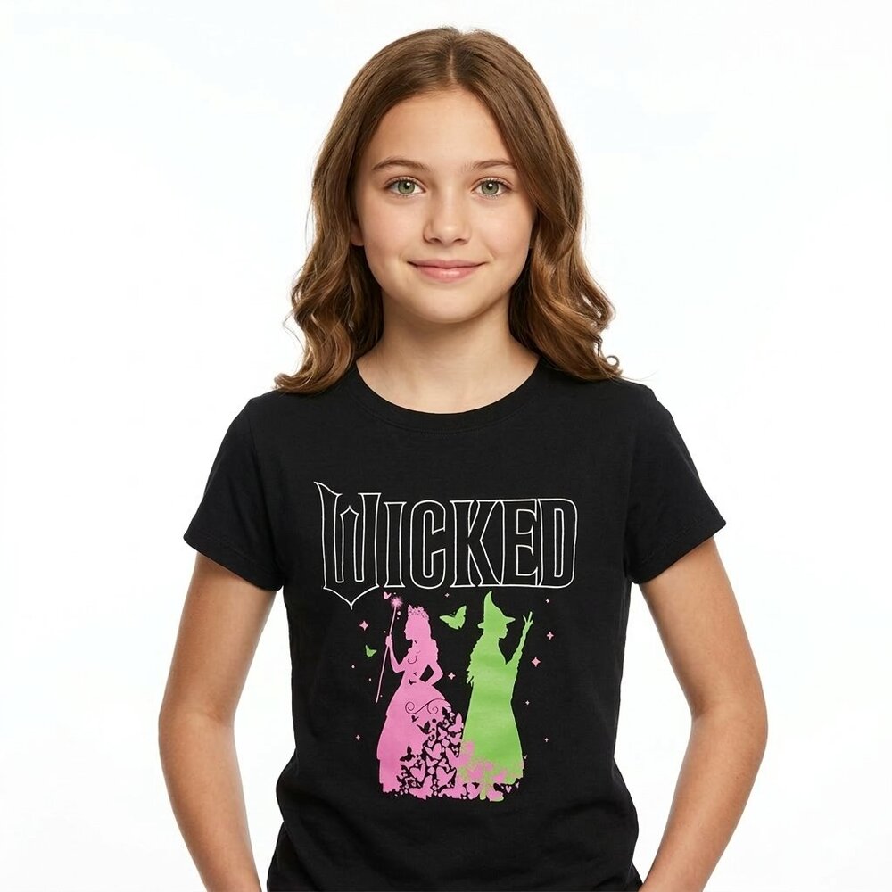 UNIVERSAL WICKED BRAND Girl's Black Wicked T-Shirt Green/Pink Witches - L  NWT